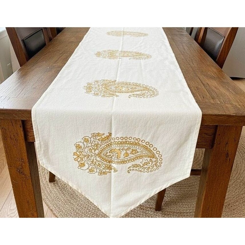 ​Modern Boho Table Runner Mustard Yellow Hand Stamped Block Eccentric Decor Gift